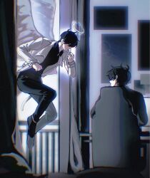  2boys akigawasou angel balcony bed black_hair black_jacket black_shirt chair coat collared_shirt commentary curtained_hair doorway feathered_wings floating full_body gaming_chair glowing hair_over_eyes halo hand_up highres jacket kim_dokja looking_at_another male_focus monitor multiple_boys omniscient_reader's_viewpoint open_clothes open_coat open_door photo_(object) railing shirt short_hair sitting swivel_chair symbol-only_commentary white_coat white_wings wings yoo_joonghyuk 