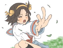  1girl blue_sailor_collar blue_skirt closed_eyes floating_hair hair_ribbon hairband highres kita_high_school_uniform kneehighs leaf medium_hair open_hand open_mouth outdoors red_ribbon ribbon sailor_collar school_uniform serafuku shirt skirt socks solo suzumiya_haruhi suzumiya_haruhi_no_yuuutsu v-shaped_eyebrows waka_849 white_shirt wind yellow_hairband yellow_ribbon 