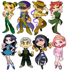  3girls 6+boys abeiyuuu arm_tattoo arms_behind_head beard belt black_coat black_eyes black_hair black_hood black_pants black_sclera black_shoes blonde_hair blue_eyes blue_sailor_collar blue_shirt blue_skirt boots braid brown_belt brown_hat brown_pants chain cherry_earrings clenched_hands closed_mouth coat colored_sclera deformed diamond_wa_kudakenai double_bun dress earrings facial_hair food-themed_earrings frown full_body gakuran gloves green_coat green_eyes green_hair green_jacket green_lips green_pants grey_hair grey_pants grey_shoes grin hair_bun hairband hand_in_pocket hand_on_own_hip hat hermit_purple high_collar highres hirose_koichi hood hood_up jacket jewelry jojo_no_kimyou_na_bouken jojo_pose joseph_joestar joseph_joestar_(old) kakyoin_noriaki kakyoin_noriaki's_pose kujo_jolyne kujo_jotaro long_coat long_hair long_sleeves looking_at_viewer makeup multicolored_hair multiple_boys multiple_girls neckerchief nervous old old_man one_eye_closed open_clothes open_coat open_mouth pants pink_dress pink_eyes pink_hair plant purple_coat purple_hat purple_neckerchief red_hair risotto_nero sailor_collar sandals school_uniform serafuku shirt shoes short_hair simple_background skirt smile stand_(jojo) standing stone_ocean striped_clothes striped_pants sugimoto_reimi sweat sweatdrop tattoo thorns two-tone_hair v-shaped_eyebrows vento_aureo vines white_background white_gloves wristband yamagishi_yukako yellow_hairband yellow_pants yellow_shirt 