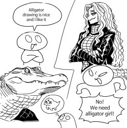  1girl alligator_girl artist_self-insert claws creature_and_personification crocodilian_tail crossed_arms gegegekman highres jacket lizard_tail lizardman long_hair monochrome original personification reptile_girl sharp_teeth slit_pupils tail teeth 