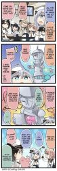 4koma 5girls bang_dream! black_gloves black_hair black_ribbon blonde_hair buttons cape capelet comic english_text futaba_tsukushi gloves heart hiromachi_nanami kirigaya_toko kurata_mashiro long_sleeves morfonica official_art peaked_cap pink_hair ribbon short_hair speech_bubble sweatdrop tassel translated white_capelet white_skirt yashio_rui