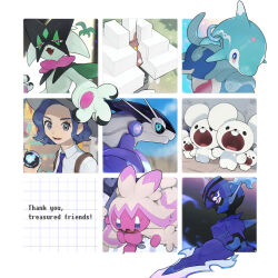  1girl alternate_eye_color alternate_hair_length alternate_hairstyle aqua_eyes black_sclera blade_arm blue_fire ceruledge closed_mouth collared_shirt colored_sclera commentary_request english_text eyelashes fang fire garganacl gradient_eyes hat highres holding holding_tera_orb juliana_(pokemon) maushold maushold_(family_of_four) meowscarada mimura_(nnnnnnnnmoo) miraidon mouse_(animal) multicolored_eyes narrowed_eyes necktie non-humanoid_robot open_mouth outstretched_arm palafin palafin_(hero) palafin_(zero) pink_eyes pixel_eyes pokemon pokemon_(creature) pokemon_sv purple_hair purple_necktie reaching reaching_towards_viewer robot school_uniform shirt short_hair skin_fang smile source_quote teeth tera_orb tinkaton tooth uva_academy_school_uniform violet_eyes white_shirt 