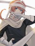  1boy absurdres bandaged_arm bandaged_hand bandaged_head bandages black_shirt blue_eyes braid cape chinese_clothes gintama highres kamui_(gintama) long_hair looking_at_viewer orange_hair shirt single_braid tagme tangzhuang utugi_000 white_cape 