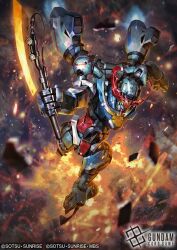 artist_request battle blurry blurry_foreground cable copyright_notice debris explosion glowing_hot gquuuuuux gundam gundam_card_game gundam_gquuuuuux heat_hawk logo machinery mecha mecha_focus mobile_suit nebula official_art realistic robot science_fiction space thrusters v-fin zero_gravity 