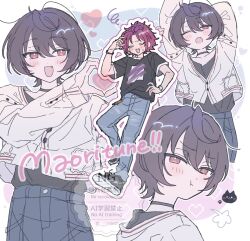  2boys arms_up bangs_pinned_back black_choker black_hair black_shirt blue_pants blush bracelet choker closed_eyes curtained_hair denim ensemble_stars! fang full_body green_eyes hair_between_eyes hand_on_own_head hand_on_own_hip hand_up heart heart_hands highres implied_yaoi isara_mao jacket jeans jewelry long_sleeves male_focus multiple_boys multiple_views nervous_smile one_eye_closed open_mouth pants portrait print_shirt puff_of_air puffy_cheeks red_eyes red_hair reo0 sakuma_ritsu shirt shirt_tucked_in shoes short_hair short_sleeves smile sneakers torn_clothes torn_jeans torn_pants upper_body watch yawning yellow_jacket 