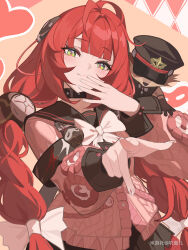  1girl absurdres animal_on_shoulder antenna_hair black_hat black_sailor_collar black_skirt blush braid braided_twintails brown_background cardigan charm_(object) chest_bow closed_mouth commentary_request covering_own_mouth green_eyes hair_ornament hair_ribbon hat head_tilt hearing_aid heart highres jizaier kamanosuke_(zenless_zone_zero) long_hair looking_at_viewer nail_polish pink_cardigan pointing pointing_at_viewer raccoon red_hair ribbon sailor_collar skirt sphere_hair_ornament tanuki ukinami_yuzuha upper_body white_ribbon zenless_zone_zero 