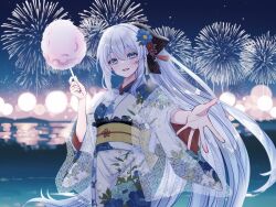  1girl black_bow blue_eyes bow braid breasts commission cotton_candy fate/grand_order fate_(series) fireworks flower grey_hair hair_bow hair_flower hair_ornament japanese_clothes kimono large_breasts long_hair long_sleeves looking_at_viewer morgan_le_fay_(fate) night night_sky obi open_mouth ponytail sash sidelocks skeb_commission sky smile solo very_long_hair white_kimono wide_sleeves yamuimo 