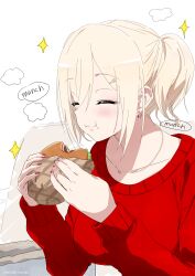 1girl :i ^_^ absurdres blonde_hair breasts burger closed_eyes closed_mouth collarbone earrings eating facing_viewer food hair_between_eyes hair_ornament hairclip hands_up highres holding holding_food jewelry long_sleeves medium_breasts misaki_nonaka nail_polish original red_nails red_sweater simple_background sleeves_past_wrists solo sparkle sweater twintails upper_body white_background 