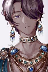  1boy arjuna_(fate) brown_hair commentary_request dark-skinned_male dark_skin earrings facial_mark fate/grand_order fate_(series) forehead_mark hair_over_one_eye highres indian_clothes jewelry looking_at_viewer male_focus mz6gp necklace portrait short_hair simple_background solo violet_eyes white_background 