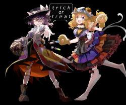  2girls animal_ears animal_hands black_background black_boots black_corset black_hair black_hat black_skirt blonde_hair blue_dress blue_eyes blue_shirt boots bow cat_ears cat_girl cat_paws coat cork corset dress hand_up hat hat_bow hat_ribbon heterochromia highres kemonomimi_mode lab_coat long_hair looking_at_viewer maribel_hearn minus_(sr_mineka) multicolored_dress multiple_girls multiple_tails nekomata parted_lips puffy_short_sleeves puffy_sleeves red_dress ribbon shirt short_hair short_sleeves simple_background skirt smile socks tail test_tube touhou trick_or_treat uneven_eyes usami_renko white_bow white_coat white_ribbon white_socks yellow_eyes 