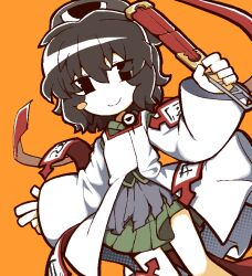  1other androgynous bare_legs black_eyes black_hair black_hat black_kimono blush_stickers closed_mouth cowboy_shot detached_sleeves eye_of_senri eyes_visible_through_hair floating_clothes green_hakama hair_between_eyes hakama hakama_short_skirt hakama_skirt halftone happy hashtag-only_commentary hat hat_ribbon holding holding_rod japanese_clothes jinbei_(clothes) kariginu kimono kokum0tsu layered_sleeves len'en long_sleeves looking_at_viewer messy_hair ofuda ofuda_on_clothes orange_background other_focus red_ribbon ribbon rod senri_tsurubami short_hair short_kimono simple_background single_blush_sticker skirt smile solo standing tate_eboshi tsurime white_sleeves wide_sleeves 