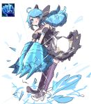  1girl :o absurdres ahoge bare_shoulders black_bow black_dress bow collarbone detached_sleeves dress drill_hair frilled_dress frills full_body green_background green_eyes green_hair gwen_(league_of_legends) hair_bow highres iceborn_gauntlet league_of_legends low_twintails monakan_japan puffy_short_sleeves puffy_sleeves purple_thighhighs short_sleeves simple_background sketch solo spiked_gauntlets thigh-highs twin_drills twintails white_background white_dress white_footwear 