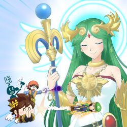  1girl bandana blue_halo blue_overalls brown_hair chain circlet closed_eyes collarbone commentary_request dragon_quest dragon_quest_viii fumio_(fumifumi) game_&amp;_watch gold_chain green_hair green_hat halo halo_behind_head hat hero_(dq8) highres holding holding_staff kid_icarus kid_icarus_uprising luigi mr._game_&amp;_watch overalls palutena pit_(kid_icarus) red_bandana sparkle staff super_mario_bros. super_smash_bros. 
