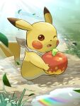  absurdres apple brown_eyes falling_leaves food fruit grass hakkentai_pokedan highres holding holding_food holding_fruit leaf on_ground one_eye_closed open_mouth pikachu pokemon pokemon_(creature) puddle reflection reflective_water scarf solo standing sunlight water_drop white_scarf 