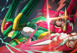  2boys armor clenched_teeth commentary_request dual_wielding facial_mark fighting_fefnir_(mega_man) firing green_armor green_helmet grey_background helmet highres holding holding_sword holding_weapon male_focus mega_man_(series) mega_man_zero_(series) multiple_boys parted_lips pechka red_armor red_helmet sage_harpuia_(mega_man) sword teeth weapon 