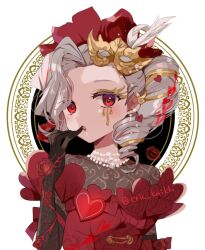  1girl :o black_gloves dress drill_hair drill_ponytail eric_knikki eye_mask facial_mark feather_hair_ornament feathers finger_to_mouth flower gloves grey_hair hair_ornament hair_pulled_back identity_v jewelry light_blush looking_at_viewer martha_behamfil martha_behamfil_(aphrodite's_kiss) mask necklace official_alternate_costume pearl_necklace red_dress red_eyes red_flower red_lips red_rose red_theme rose single_hair_intake solo twitter_username unworn_mask upper_body 