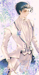  1boy blue_hair bow bowtie commentary_request dress_pants fate/grand_order fate_(series) formal_clothes gloves green_eyes hair_slicked_back highres jacket lapels long_sleeves majamari male_focus pants sherlock_holmes_(celebratory_attire)_(fate) sherlock_holmes_(fate) short_hair smile solo suit suit_jacket traditional_bowtie white_bow white_bowtie white_gloves white_jacket white_pants white_suit 
