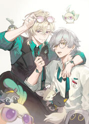  2boys alternate_costume animal animal_ears animal_nose animalization aqua_gemstone aqua_shirt arm_around_neck aventurine_(honkai:_star_rail) aventurine_(origami_bird)_(honkai:_star_rail) beak black_cat black_eyes black_fur black_hat black_necktie black_pants black_vest blonde_hair blue_eyes blue_necktie bracelet breast_pocket buttons caelus_(honkai:_star_rail) cake_cat_(honkai:_star_rail) cat cat_ears cat_tail chinese_commentary closed_mouth collared_shirt commentary_request crossed_bangs earrings eyewear_on_head flying galactic_baseballer_(honkai:_star_rail) gem glasses gold_bracelet gold_ring grey-framed_eyewear grey_fur grey_hair hair_between_eyes hand_up hat heart heart_print highres honkai:_star_rail honkai_(series) jewelry lapels long_sleeves looking_at_viewer male_focus mealove1218 mooncake multicolored_eyes multiple_boys necktie open_mouth origami_bird_(honkai:_star_rail) pants peaked_cap person_and_animalization pink-tinted_eyewear pocket raccoon raccoon_ears raccoon_tail shirt short_hair simple_background single_earring sitting smile striped_clothes striped_shirt sunglasses tail teeth tinted_eyewear tongue trailblazer_(honkai:_star_rail) trailblazer_(trailbirder)_(honkai:_star_rail) trailblazer_(trash_cake)_(honkai:_star_rail) vest violet_eyes white_background white_shirt wings yellow-framed_eyewear yellow_eyes yellow_fur 