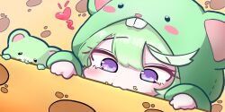  1girl absurdres alternate_costume blush c_rrat character_hood cheese chibi chibi_only chico_(yuzuha_riko) closed_mouth commentary_request creature double-parted_bangs eating food green_hair green_hood highres korean_commentary multicolored_hair stellive streaked_hair violet_eyes virtual_youtuber yuzuha_riko 