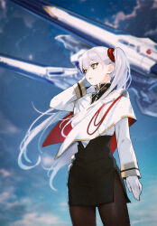  1girl black_pantyhose black_skirt blue_sky blurry blurry_background capelet clouds cowboy_shot day film_grain floating_hair fuyuno_yuuki gloves grey_hair hair_between_eyes hair_ornament hand_on_own_head high-waist_skirt highres hoshino_ruri hoshino_ruri_(captain) kidou_senkan_nadesico kidou_senkan_nadesico_-_prince_of_darkness long_hair long_sleeves looking_afar looking_ahead military_uniform outdoors pantyhose parted_lips pencil_skirt red_capelet science_fiction skirt sky solo spacecraft standing two-sided_capelet two-tone_capelet very_long_hair white_capelet white_gloves yellow_eyes 