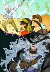  1boy 2girls absurdres black_background black_coat black_hat brown_gloves coat covered_eyes curly_hair dollar_sign dreaming drooling gloves gold_bar grey_hair hat hat_feather hat_over_eyes highres jo_jun long_hair multiple_girls official_alternate_costume open_mouth reverse:1999 shirt sleeping solo_focus sparkle speech_bubble thought_bubble white_shirt windsong_(reverse:1999) zzz 