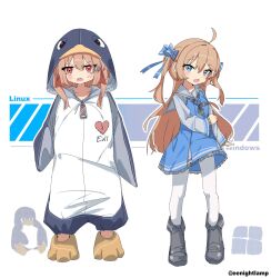 2girls ahoge animal_costume black_neckerchief blue_bow blue_dress blue_eyes blue_ribbon boots bow broken_heart broken_heart_hair_ornament brown_hair commentary cosplay dress eenightlamp english_commentary evil_neuro-sama full_body grey_boots grey_sailor_collar hair_between_eyes hair_bow hair_ornament hair_ribbon heart heart_hair_ornament highres linux long_hair long_sleeves looking_at_viewer madobe_ichika madobe_ichika_(cosplay) microsoft_windows multiple_girls neckerchief neuro-sama open_mouth pantyhose penguin_costume red_eyes ribbon sailor_collar sailor_dress sharp_teeth short_dress siblings sisters standing teeth twins two_side_up vedal_ai virtual_youtuber white_background white_pantyhose windows_11 