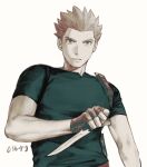  1boy alternate_costume brown_gloves commentary_request dagger fingerless_gloves gloves green_shirt holding holding_dagger holding_knife holding_weapon knife lance_(pokemon) looking_down male_focus parted_lips pokemon pokemon_(game) pokemon_hgss shirt short_hair short_sleeves signature solo spiky_hair t-shirt upper_body weapon white_background y_(036_yng) 