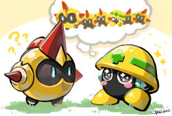  ? ?? blue_eyes blush_stickers commentary_request crossover falinks full_body helmet mega_man_(series) met_(mega_man) no_humans pechka pokemon pokemon_(creature) sparkle sparkling_eyes speech_bubble thought_bubble trait_connection twitter_username yellow_helmet 