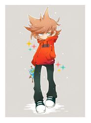  1boy black_pants black_shoes blush border brown_hair commentary_request drawstring eddsworld full_body green_eyes grey_background hand_in_pocket highres holding hood hood_down hoodie jitome looking_at_viewer pants red_hoodie reon_(02779) shoes short_hair simple_background sneakers solo sparkle standing tord_(eddsworld) toy_robot white_border 