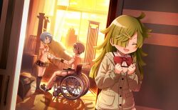  1boy 2girls ^_^ aki_mabayu artist_request bed black_shoes black_skirt black_socks blue_eyes blue_hair blunt_bangs blunt_ends bow bowtie brown_shoes building buttons cardigan chair clenched_hands closed_eyes clouds collared_jacket collared_shirt cowboy_shot curtains doorway dot_nose eye_contact full_body gakuran game_cg giving green_cardigan green_hair grey_hair hair_ornament hair_over_one_eye hairclip happy high_collar highres holding holding_paper hospital hospital_bed indoors jacket jewelry kamijou_kyousuke kneehighs knees lace-trimmed_shirt lace-trimmed_sleeves lace_trim lake layered_shirt lens_flare light_blush long_hair long_sleeves looking_at_another magia_record:_mahou_shoujo_madoka_magica_gaiden mahou_shoujo_madoka_magica mahou_shoujo_madoka_magica_magia_exedra messy_hair miki_sayaka miniskirt mitakihara_school_uniform mountainous_horizon multiple_girls official_art on_chair open_mouth pants paper plaid_clothes plaid_skirt pleated_skirt pocket puffy_long_sleeves puffy_sleeves red_bow red_bowtie ring school_uniform shadow shirt shoes short_hair sitting skirt skyscraper sleeve_cuffs sleeves_past_wrists smile socks standing sunset tareme uwabaki wheelchair white_jacket white_pants white_shirt window yellow_shirt yellow_skirt 