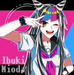  1girl :d ;d black_background black_hair black_sailor_collar black_scrunchie blue_hair character_name danganronpa_(series) danganronpa_2:_goodbye_despair ear_piercing green_background hair_horns highres jewelry long_hair looking_at_viewer mioda_ibuki multicolored_hair neckerchief one_eye_closed open_mouth piercing pink_background pink_eyes pink_hair pink_neckerchief sailor_collar school_uniform scrunchie shiba_miso shirt short_sleeves smile solo teeth tongue upper_body v_over_eye white_hair white_shirt wrist_scrunchie 