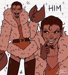  1boy absurdres belt black_belt black_eyes black_hair black_thighhighs boots coat colored_sclera colored_skin cowboy_shot crab_claw demon demon_boy dress energy english_text evil_smile facial_hair fur-trimmed_collar fur_coat fur_trim goatee green_sclera hair_slicked_back highres him_(powerpuff_girls) leecheedoodles looking_at_viewer looking_to_the_side male_focus open_mouth pink_fur pointy_ears powerpuff_girls red_dress red_skin signature smile solo thigh-highs thigh_boots white_background 