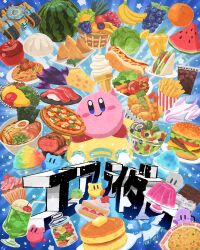  apple banana beef blue_background blush_stickers bowl bucket_of_chicken butter cake cake_slice carrot cheese chicken_(food) closed_mouth commentary_request copyright_name egg_(food) food fruit fruit_basket glass_bowl grapes highres hot_dog ice_cream ice_cream_float jar kirby kirby_(series) kirby_air_ride kirby_air_riders lemonade lettuce meatball miclot no_humans noodles omelet omurice orange_(fruit) pancake pasta pizza plate pudding salad sandwich shaved_ice smile spaghetti spaghetti_and_meatballs steamed_bun sushi tomato warp_star watermelon watermelon_slice 