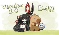  2girls black_cat black_choker black_hair black_jacket blue_hair bright_pupils buling_(wuthering_waves) cat chisa_(wuthering_waves) choker coffee_mug commentary_request cup food food_in_mouth hair_ribbon highres jacket knees_up korean_commentary long_hair long_sleeves looking_at_viewer mole mole_under_eye mug multiple_girls namipon_(wuthering_waves) neckerchief notice_lines planted planted_sword pocky pocky_in_mouth red_eyes red_neckerchief red_ribbon ribbon sailor_collar sitting sword v very_long_hair weapon white_pupils white_sailor_collar windy_(jazz9207) wuthering_waves yellow_eyes 