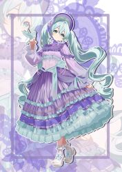  1girl accurate_lolita_coord alternate_costume bird blue_hair bonnet classic_lolita cute_x_subculture_hatsune_miku_design_contest dress frills hashtag-only_commentary hatsune_miku highres kur1cha lolita_fashion long_hair long_sleeves purple_dress shoes socks solo standing too_many too_many_frills twintails very_long_hair vocaloid white_shoes white_socks zoom_layer 
