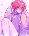  1boy angel_wings arm_tattoo cleavage_cutout closed_mouth clothing_cutout ear_piercing expressionless halo heart_on_cheek highres looking_at_viewer male_focus medium_hair mih0 off-shoulder_shirt off_shoulder original pectoral_cleavage pectorals piercing pink_eyes pink_hair purple_shirt shirt solo star_(symbol) tattoo thigh-highs white_background white_thighhighs wings 