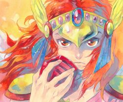  1boy agahari armor bikkuriman closed_mouth commentary_request gem hair_ornament hand_up head_rococo headpiece holding holding_mask long_hair looking_at_viewer male_focus mask mouth_mask portrait red_eyes red_gemstone red_hair serious shoulder_armor solo unworn_mask wing_hair_ornament 