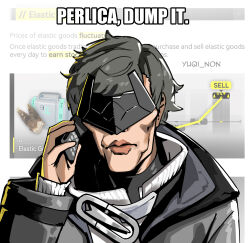  1boy animal_ears arknights arknights:_endfield bird_ears black_coat black_jacket calling coat endministrator_(arknights) eye_mask he_bought?_dump_it_(meme) highres holding holding_phone igor_bogdanoff jacket male_endministrator_(arknights) mask meme open_clothes open_coat phone ribbed_sweater screenshot short_hair solo sweater thick_lips yuqi_non 