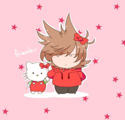  1boy 1girl animal_ears blush bow brown_hair cat_ears cat_girl chibi chibi_only commentary_request crossover eddsworld english_text furry furry_female hair_bow heart hello_kitty hello_kitty_(character) holding_hands hood hood_down hoodie jitome pink_background red_bow red_hoodie reon_(02779) sanrio short_hair simple_background star_(symbol) tord_(eddsworld) 