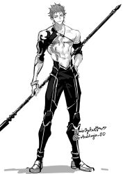  1boy body_markings cu_chulainn_(fate) cu_chulainn_(lancer)_(fate) fate/grand_order fate_(series) full_body greyscale hand_on_own_hip highres holding holding_polearm holding_weapon jewelry looking_at_viewer male_focus monochrome necklace ogata_tomio pants polearm short_hair simple_background smile solo weapon white_background 