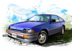  2025 abstract_background artist_name blue_car car cobblestone commentary_request copyright_notice dated honda honda_cr-x license_plate logo motor_vehicle nimbus_goldbrum no_humans original product_placement realistic right-hand_drive shadow simple_background sports_car steering_wheel vehicle_focus watermark white_background 