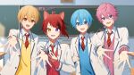  4boys :d ahoge animal_ears black_nails blazer blonde_hair blue_cardigan blue_eyes blue_hair blue_sweater brown_eyes buttons cardigan chalkboard classroom clenched_hand collared_shirt desk diagonal-striped_necktie dog_ears double-parted_bangs fang fingernails hair_between_eyes hanamirai_(strawberry_prince) hand_on_own_chest heterochromia highres indoors jacket jel_(stpri) lapels light_blue_hair long_bangs long_sleeves looking_at_viewer loose_necktie male_focus multiple_boys necktie notched_lapels open_collar open_mouth orange_eyes outstretched_hand pink_cardigan pocket ramio3_2 reaching_towards_viewer red_cardigan red_necktie redhead rinu_(stpri) root_(stpri) satomi_(stpri) school_desk school_uniform shirt short_hair skin_fang smile speaker strawberry_prince striped_necktie sunlight sweater swept_bangs unbuttoned upper_body violet_eyes white_jacket white_shirt yellow_eyes yellow_sweater 