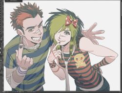  1boy 1girl :3 arm_around_shoulder art_program_in_frame asymmetrical_gloves bandaid bandaid_on_face bandaid_on_nose bare_shoulders belt black_eyes black_gloves black_hair black_nails black_pants black_shirt blush bow bracelet chain chain_necklace clip_studio_paint clip_studio_paint_(medium) closed_mouth collarbone commentary earrings finger_to_mouth fingerless_gloves fishnet_gloves fishnets fluffy_hair gloves green_eyes green_hair green_shirt grin hair_bow hair_over_one_eye hand_on_own_hip heart heart_print helado_jpg jewelry layered_shirt long_sleeves medium_hair mismatched_gloves multicolored_hair necklace necktie one_eye_closed original pants pointing pointing_at_viewer raccoon_tails_(hairstyle) red_bow red_gloves red_hair red_shirt scene_cut scene_fashion screenshot shirt short_hair sideburns sidelocks skull_print sleeveless sleeveless_shirt smile spiky_hair spotted_bow striped_clothes striped_gloves striped_shirt t-shirt thick_eyebrows two-tone_gloves two-tone_hair two-tone_shirt upper_body very_short_hair white_background white_belt white_necktie white_shirt wristband y2k_fashion 