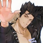  1boy artist_name black_hair black_jacket brown_eyes collarbone dated english_text jacket joe_higashi long_sleeves looking_at_viewer male_focus mmts_g open_clothes open_jacket open_mouth pectorals short_hair smile solo spiky_hair the_king_of_fighters the_king_of_fighters_for_girls 