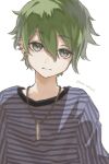  1boy absurdres amami_rantarou artist_name closed_mouth danganronpa_(series) danganronpa_v3:_killing_harmony ear_piercing earrings green_eyes green_hair hair_between_eyes highres jewelry long_sleeves male_focus narudo_(urhv8357) necklace piercing shirt short_hair smile solo striped striped_shirt upper_body white_background 