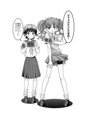  2girls ankle_socks armband bare_arms black_hair blush_stickers bow commentary_request dot_nose emblem flower flower_hairband flower_on_head full_body grey_skirt greyscale hair_bow hand_up hands_up holding holding_armband holding_unworn_clothes judgement_armband_(toaru) loafers long_hair looking_at_viewer loose_socks medium_skirt miniskirt monochrome muichimon multiple_girls neckerchief needle open_mouth pleated_skirt sakugawa_school_uniform school_emblem school_uniform serafuku shirai_kuroko shirt shoes short_sleeves simple_background skirt sleeveless sleeveless_sweater socks speech_bubble standing summer_uniform sweater sweater_vest talking thigh_strap toaru_kagaku_no_railgun toaru_majutsu_no_index tokiwadai_school_uniform translation_request twintails uiharu_kazari unworn_armband v-neck v-shaped_eyebrows vest wavy_hair white_background white_shirt white_socks 