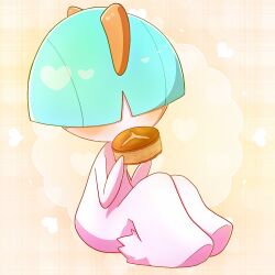  1other blue_hair blunt_bangs blush bowl_cut child colored_skin commentary_request covered_eyes eating food food_request full_body hair_over_eyes hands_up heart heart_background highres holding holding_food knees_up legs_together other_focus plaid_background pokemon pokemon_(creature) ralts short_hair sitting solo white_skin yellow_background yuri_(fl0werspace) 