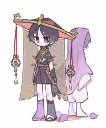  2boys armor arms_at_sides back-to-back barefoot black_bodysuit black_hair black_kimono black_sandals black_sleeves blunt_ends bodysuit bridal_legwear bright_pupils clenched_hands closed_mouth dual_persona eyeliner eyeshadow facing_to_the_side full_body furisode genshin_impact gold gold_trim grey_veil hat highres hoshizuki_chimama japanese_armor japanese_clothes jingasa juban kimono kote kurokote lavender_melon_(genshin_impact) layered_sleeves looking_past_viewer makeup mandarin_collar mitsudomoe_(shape) multiple_boys o-ring pants purple_rope purple_sash purple_sleeves purple_veil red_eyeliner red_eyeshadow red_hat red_kimono red_sash rope sandals sash scaramouche_(genshin_impact) scaramouche_(kabukimono)_(genshin_impact) shimenawa short_sleeves smile standing stirrup_legwear tassel tilted_headwear toeless_legwear tomoe_(symbol) twitter_username veil violet_eyes white_background white_kimono white_pants white_pupils white_rope white_sleeves wide_sleeves zouri 