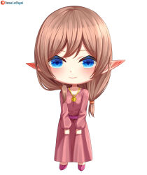  1girl absurdres artist_name blue_eyes blush brown_hair chibi closed_mouth collarbone commission commissioner_upload dress elf full_body highres jewelry long_hair long_sleeves looking_at_viewer lori_hagami low-tied_long_hair low_side_ponytail necklace official_art patreon_logo patreon_username pink_dress pointy_ears sash sepha_farona shoes simple_background smile solo standing username ways_of_darkness_(series) white_background 