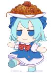  1girl absurdres blue_bow blue_dress blue_eyes blue_footwear blue_hair blush_stickers bow cirno closed_mouth collared_shirt dress fairy food food_on_clothes full_body fumo_(doll) hair_bow highres ice ice_wings kame_(kamepan44231) meatball outstretched_arms pasta plate shirt shoes short_hair short_sleeves simple_background smile solo spread_arms touhou white_background white_shirt wings 